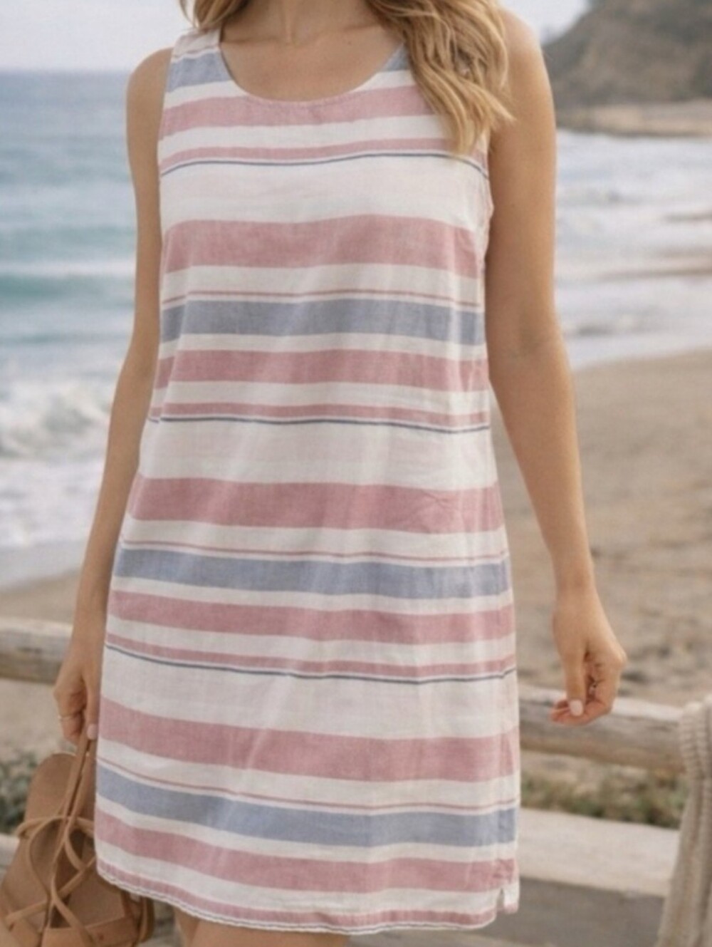 BeachLunchLounge Alina Stripe Red White and Blue Linen Shift Dress Size Small